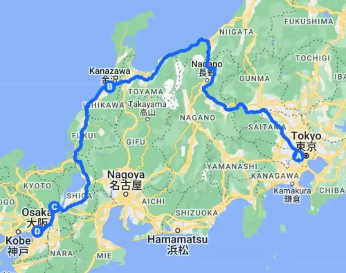 7 Best Ways to Travel Around Kanazawa: Quick Access to Top Attractions via JR, Bus, and Rental Bikes Kanazawa is located between Tokyo and Osaka on Japan’s western coast. It takes approximately 2.5 hours from Tokyo by Shinkansen, 2 hours and 30 minutes from Osaka via Thunderbird Limited Express, and around 2 hours from Kyoto. The route by car is generally the same, but it takes approximately 1.5 to 2 times longer. Expect about 6 to 7 hours from Tokyo, 3.5 to 4 hours from Osaka, and 3.5 hours from Kyoto, depending on traffic conditions.