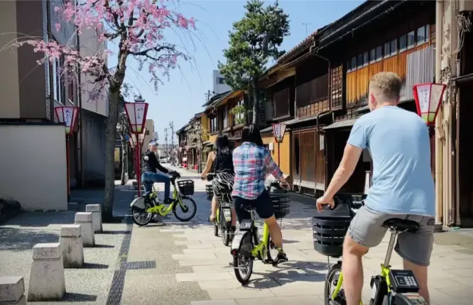 "Tourists cycling through the traditional teahouse district, enjoying the cultural sights."