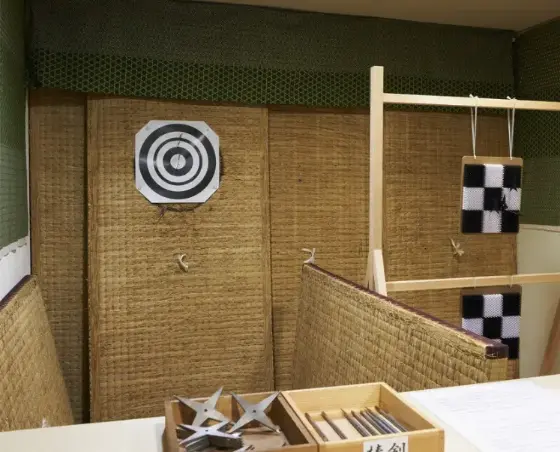 "A person participating in a ninja experience, dressed in traditional ninja attire."