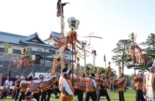 "A vibrant Japanese festival with people in colorful yukata, food stalls, and traditional music."