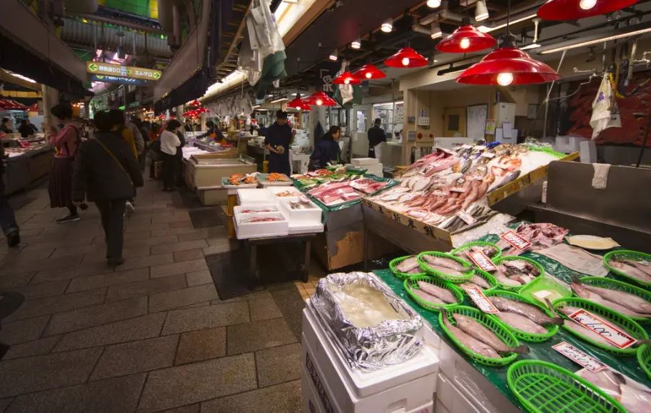 "Busy and vibrant scene of Omicho Market"