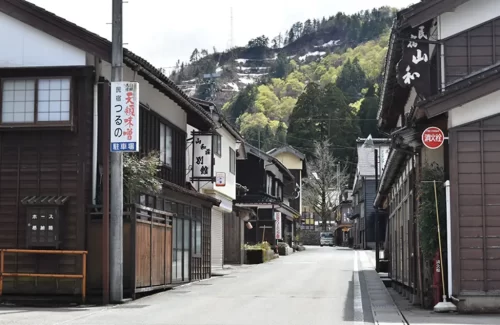 Traditional village with historic houses at the foot of Mount Hakusan.