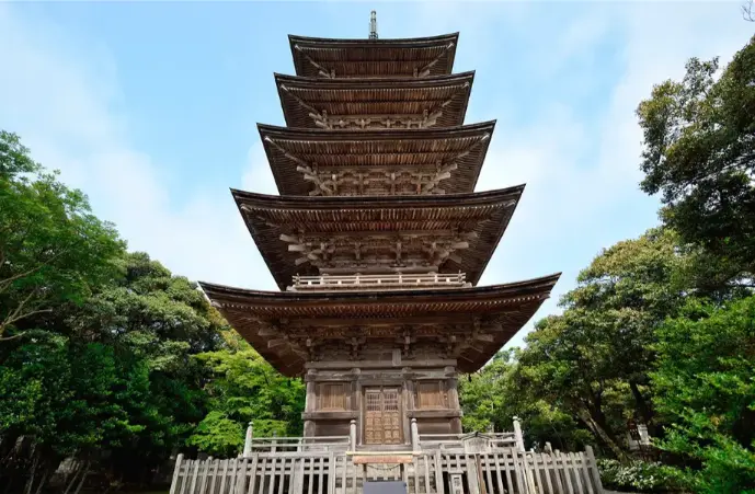 Serene temple with peaceful gardens.