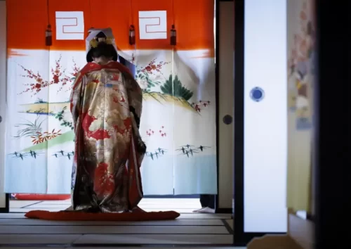 Exhibits of the Bridal Curtain at Hanayome Noren Museum.