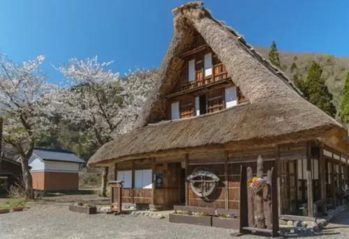 Serene gassho-zukuri villages surrounded by nature.