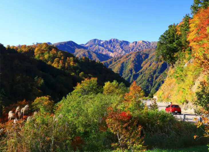 A red car driving along the scenic Hakusan Shirakawa-go White Road surrounded by colorful autumn mountains in Japan, symbolizing freedom and private travel through Hakusan’s sacred nature.