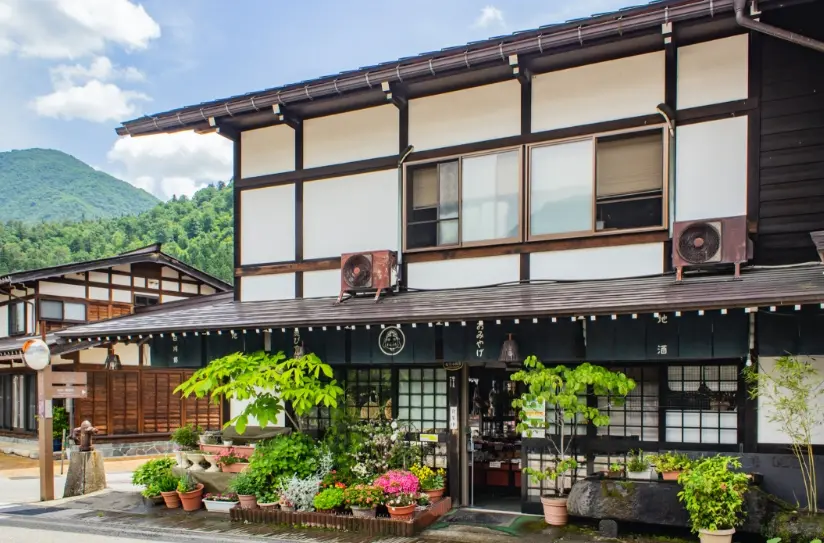 Exterior view of souvenir shops in Shirakawa-go housed in traditional-style wooden buildings selling handmade crafts and local products