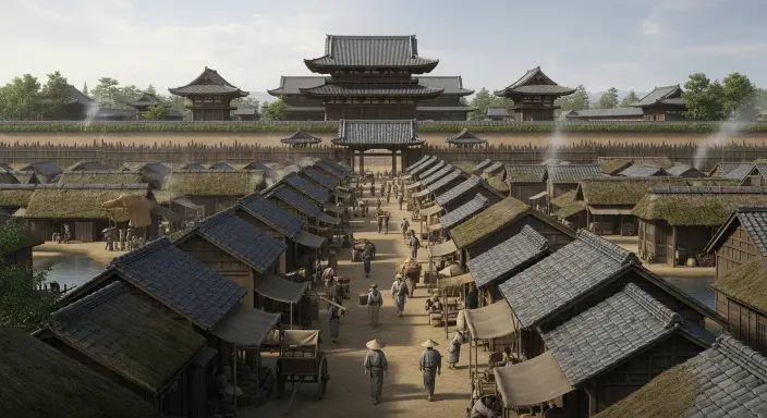 A historical-style illustration showing a peaceful Buddhist temple town with wooden houses and moats, surrounded by walls, representing the 16th-century Oyama Gobo community.