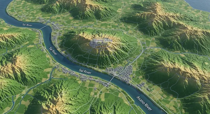 A 3D map-style image showing Kanazawa’s terrain between the Sai River and Asano River, with Oyama Shrine marked at the elevated center.