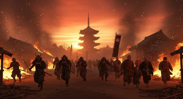 A dramatic illustrated image showing samurai troops advancing through a burning Buddhist temple town at sunset, symbolizing the fall of Oyama Gobo in the late 16th century.