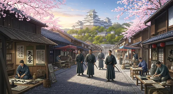Illustrated Edo-period Kanazawa castle town with samurai, calligraphers, and artisans under cherry blossoms, symbolizing harmony between culture and craftsmanship.