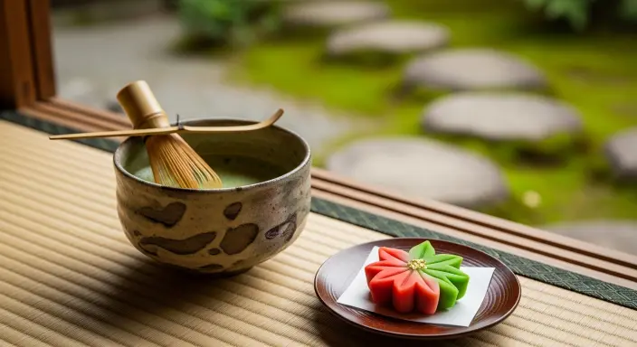 Close-up of a tea bowl and gold leaf wagashi in a Kanazawa tea room overlooking a samurai-style garden, representing harmony and refined beauty.