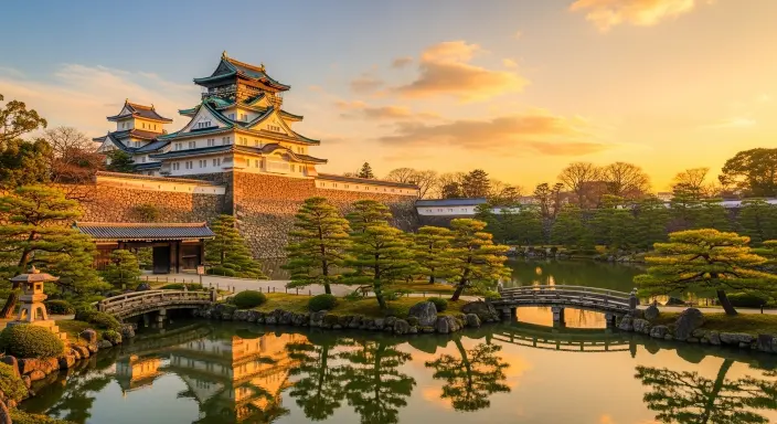 Kanazawa Castle and Kenrokuen Garden at sunset, golden light reflecting in the pond, symbolizing harmony between samurai power and cultural beauty.