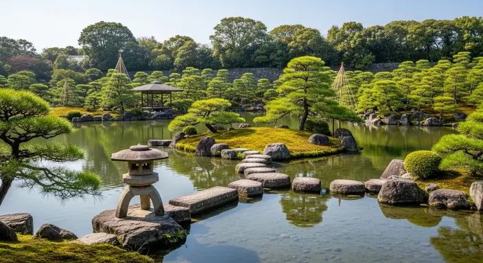 Scenic view of Kenrokuen Garden with stepping stones, lanterns, and pine trees