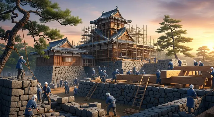 Workers constructing Kanazawa Castle with wooden scaffolding and stone walls during Japan’s feudal era