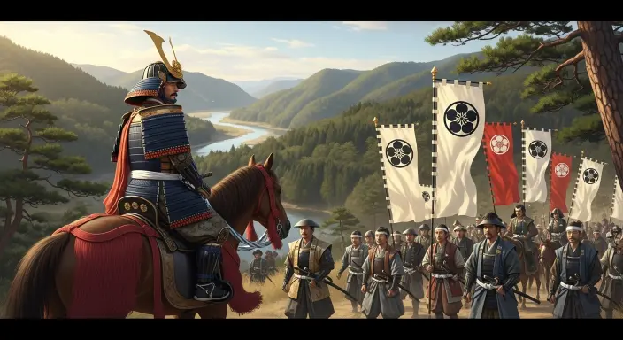 Maeda Toshiie on horseback leading samurai troops with banners in the mountains near Kanazawa