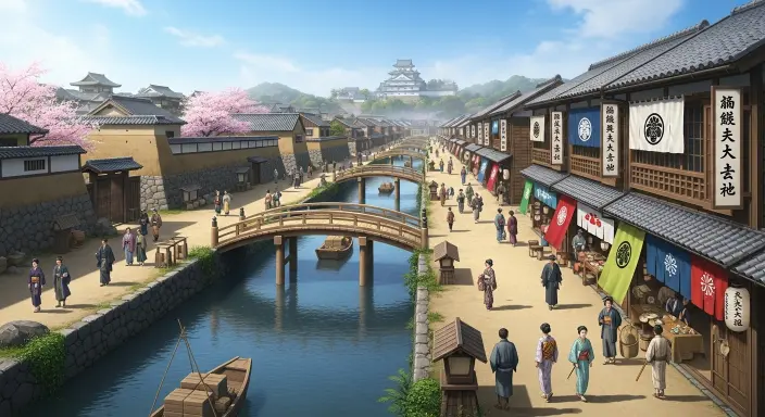 Lively Edo-period castle town street in Kanazawa with bridges, shops, and townspeople