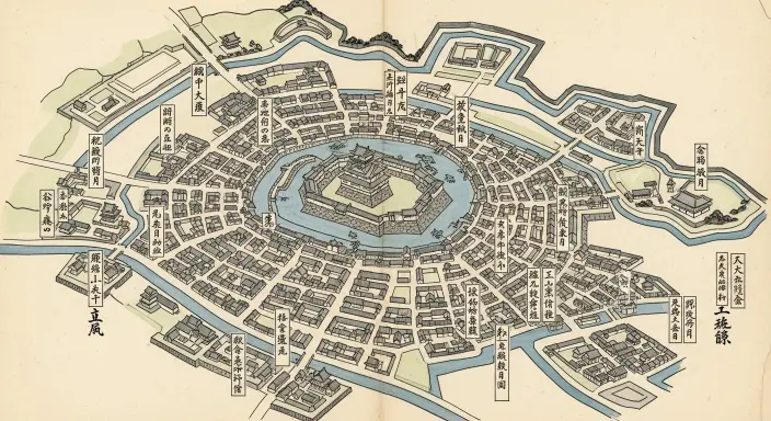 Historical illustrated map of Kanazawa Castle and surrounding moats and streets