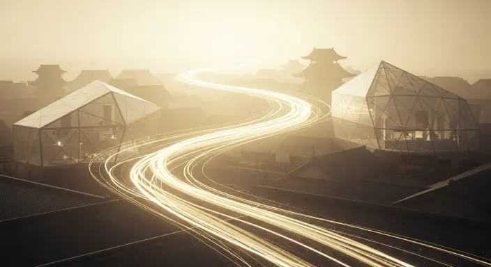 Abstract golden light trail flowing through a futuristic Kanazawa cityscape, symbolizing the harmony of tradition and innovation.