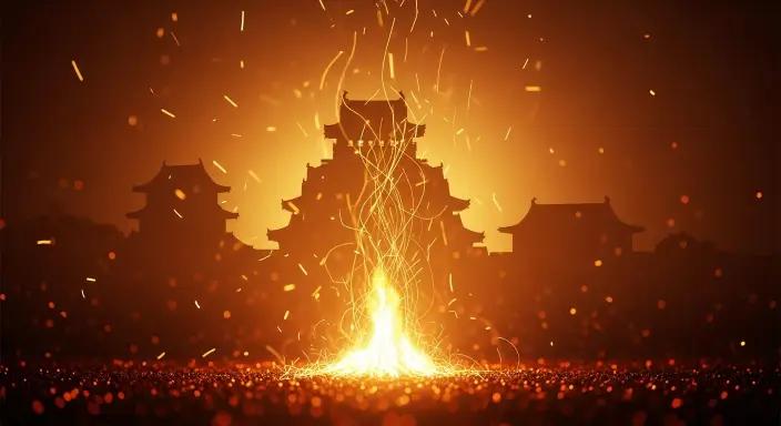 Abstract illustration of Kanazawa Castle illuminated by flames, symbolizing rebirth and resilience.