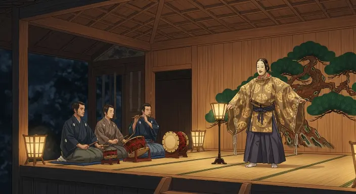 Traditional Noh performance on a Kanazawa stage with masked actor and musicians, expressing the elegance and spiritual depth of Japan’s performing arts.