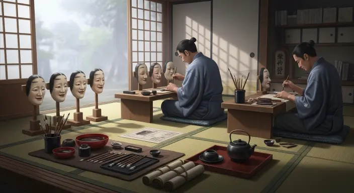 Kanazawa artisans crafting Noh masks in a traditional tatami room