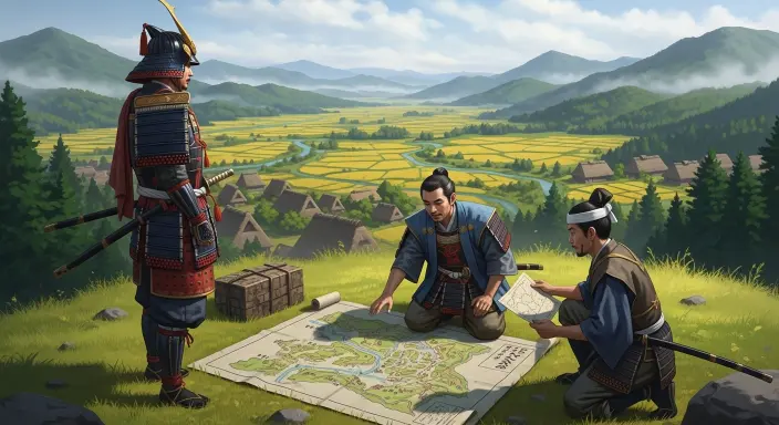 Samurai surveying rice fields and rivers under the Maeda clan’s land development project