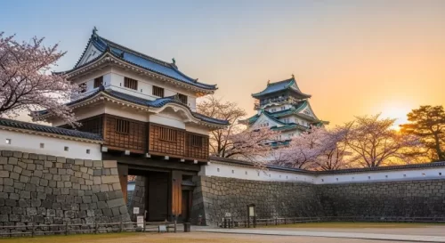 Kanazawa Castle illuminated by sunset, surrounded by cherry blossoms in spring, symbolizing the heritage of the Maeda clan and Edo-period Kanazawa.