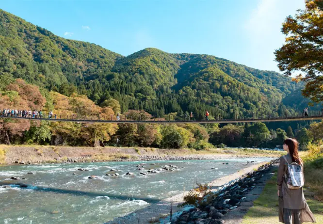 Traveler admiring the suspension bridge and mountain scenery along the river in Shirakawa-go, Japan, on a clear sunny day.