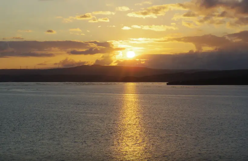 Sunset reflecting over Nanao Bay viewed from Wakura Onsen in Noto Peninsula
