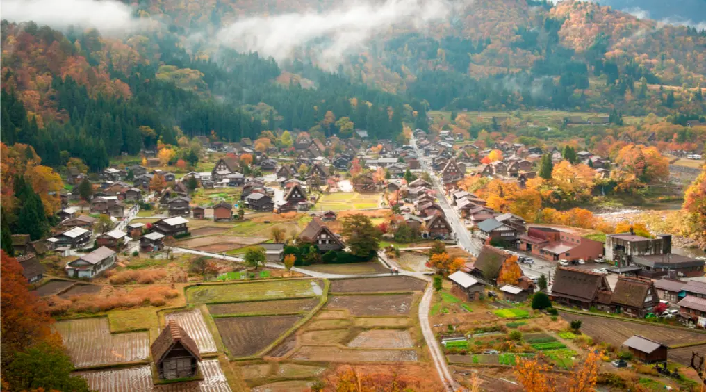 Rich autumn foliage blankets the valley around Ogimachi village, with the iconic thatched houses seen from the Shiroyama observation area.
