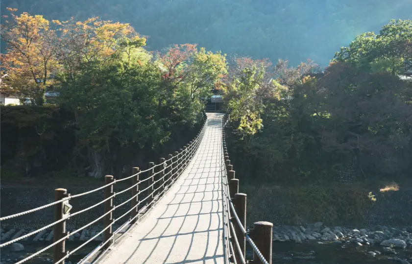 Front-facing view of Deai Bridge in Shirakawago, with morning light illuminating the trees and mountains beyond the suspension footbridge.