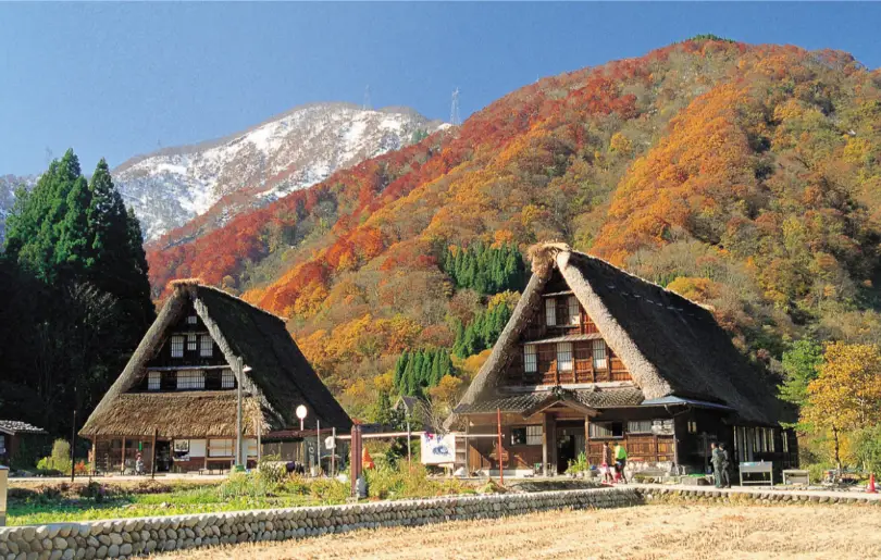Traditional gassho-zukuri farmhouses in Gokayama set against a backdrop of vivid autumn foliage and snow-dusted mountain peaks.