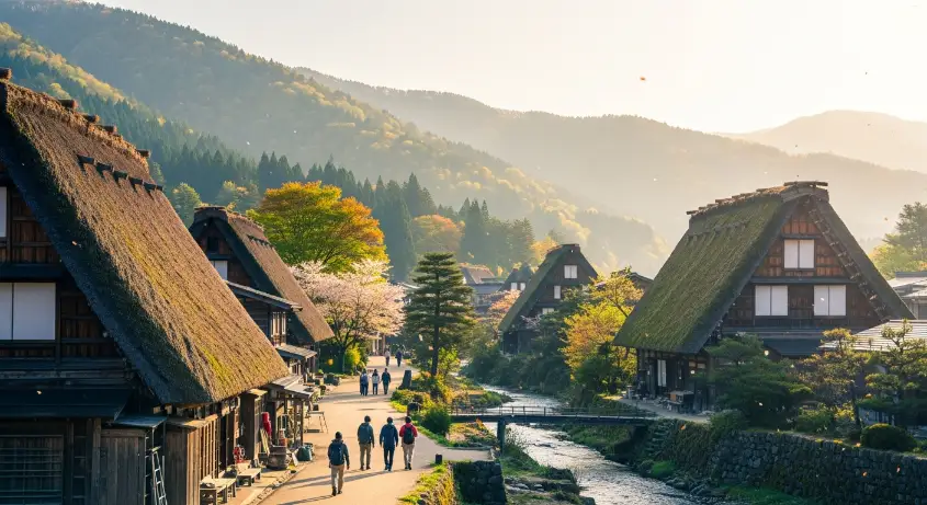 Travelers walking respectfully through the traditional thatched-roof houses of Shirakawa-go village, surrounded by gentle spring sunlight and mountain scenery.