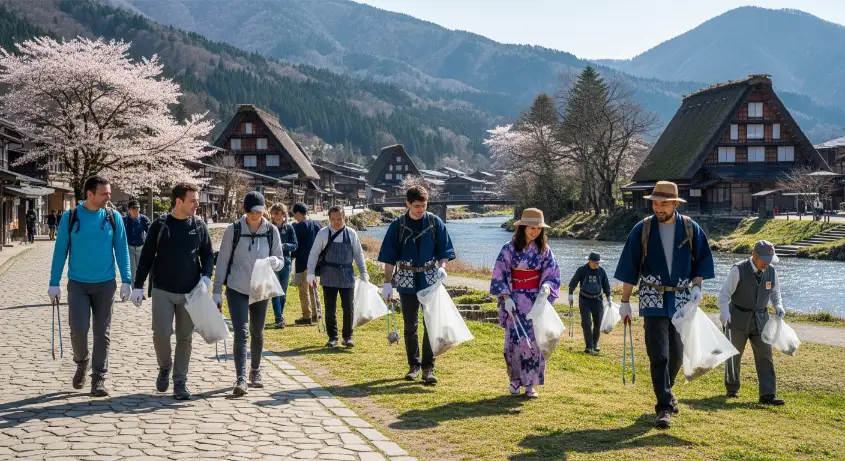 Travelers participating in a cleanup activity in Shirakawa-go village, helping to keep the historic landscape clean and preserving its natural beauty.