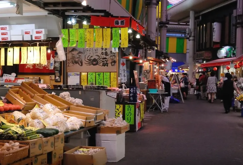 Colorful seafood stalls and local produce inside Omicho Market, Kanazawa’s lively food market.