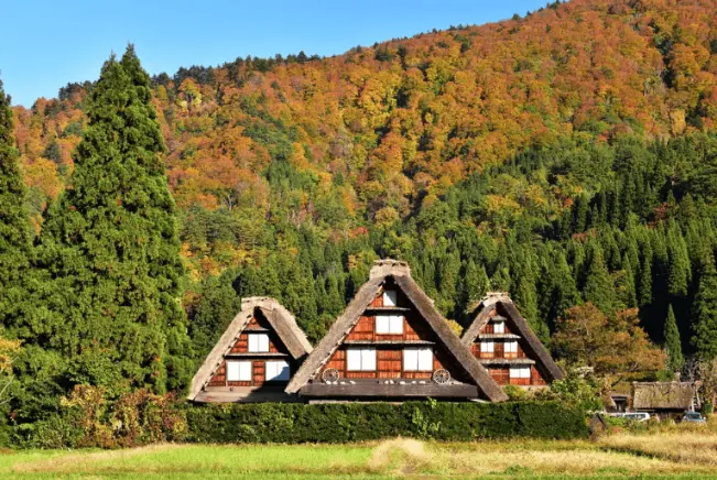Traditional Gassho-zukuri houses in Shirakawa-go surrounded by autumn mountains covered in red, orange, and yellow leaves.