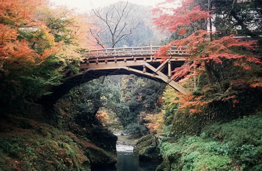 A wooden bridge spanning a forested gorge in Yamanaka Onsen, surrounded by vivid autumn foliage.