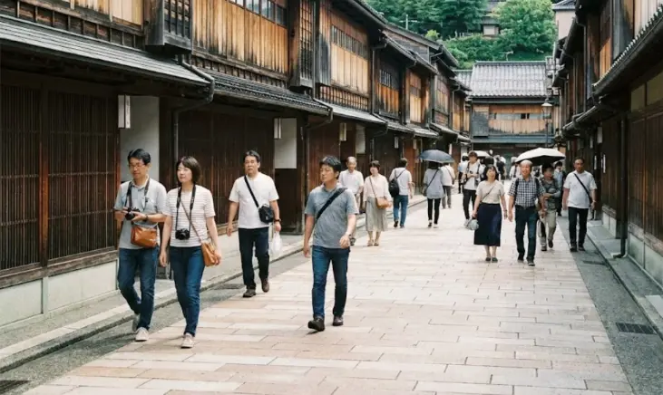 People walking along a clean and orderly street in a traditional Japanese town