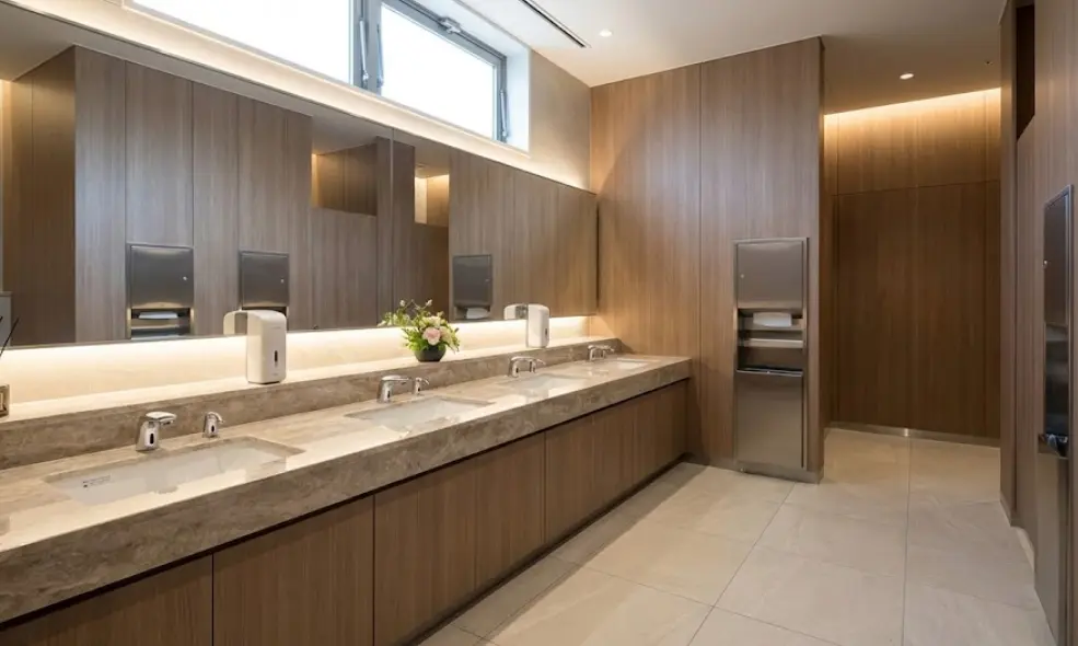 Clean and well-maintained public restroom in Japan with sinks and mirrors