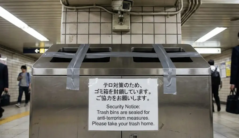 Sealed trash bins in a Tokyo subway station with a sign explaining they are closed for anti-terrorism security measures.