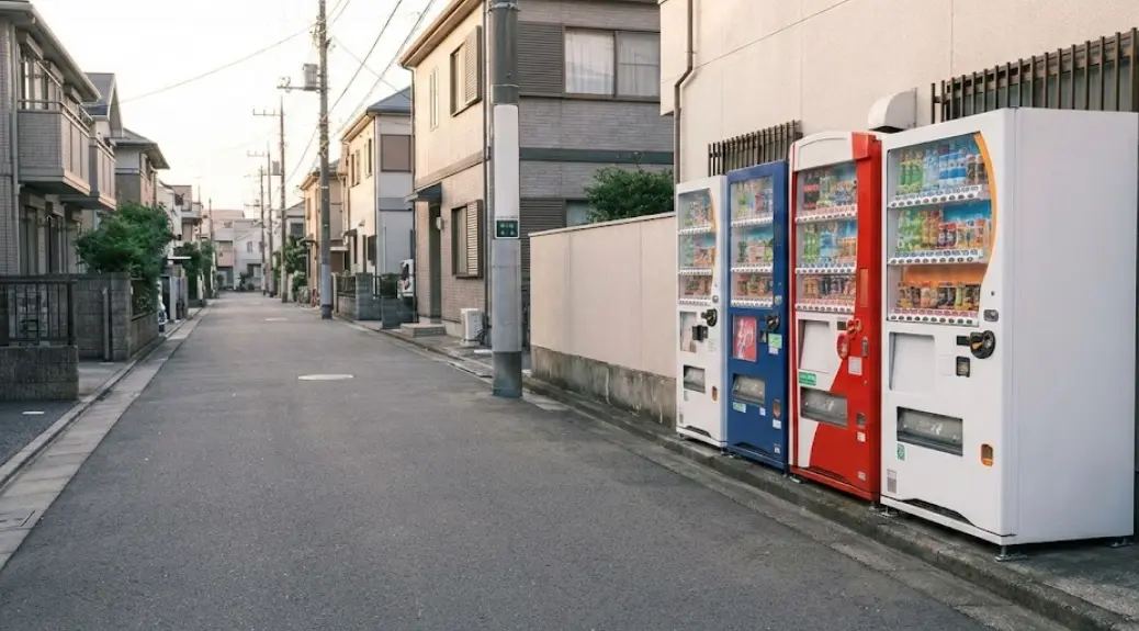 A quiet residential street in Japan with vending machines and no visible trash, showing a clean public space without trash bins.