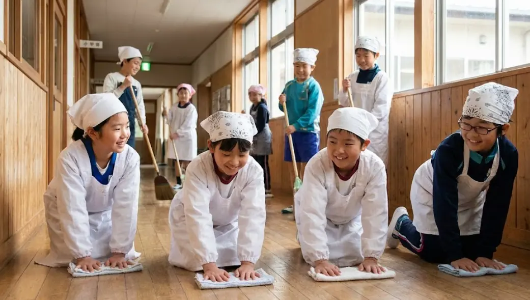 Japanese elementary school students cleaning their classroom together, reflecting the idea that shared spaces are maintained by the people who use them.