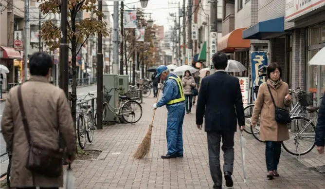 A street cleaner sweeping a sidewalk in Japan during the daytime, showing how trash is handled as part of everyday urban life.