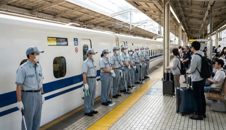 Shinkansen cleaning staff standing in line on a platform in front of waiting passengers in Japan