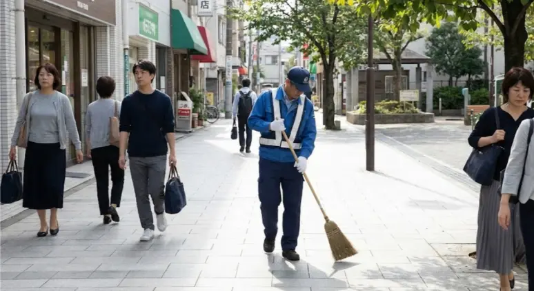 Japanese street cleaner sweeping a clean sidewalk during the day while pedestrians walk nearby