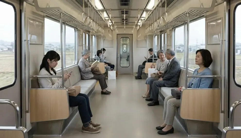 Quiet interior of a Japanese local train where passengers sit calmly, avoiding noise and unnecessary interaction in a shared public space.