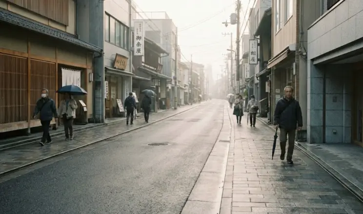 A quiet Japanese street on a rainy morning, with pedestrians walking calmly along the sidewalk.