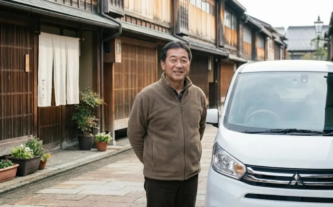 Friendly private car tour guide in Kanazawa standing next to a white Mitsubishi eK Wagon