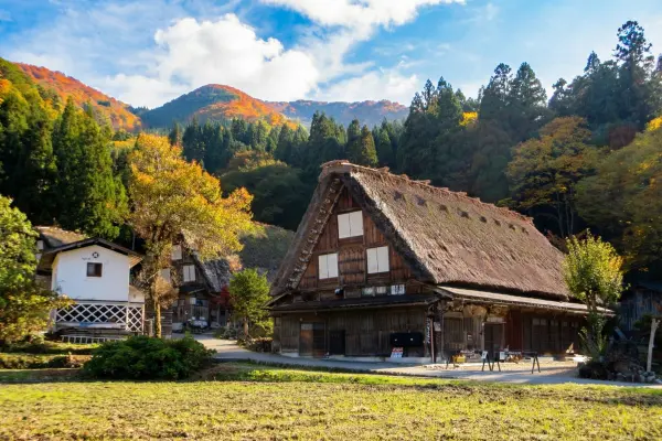 A historic gassho-style farmhouse with a thatched roof in a countryside village.